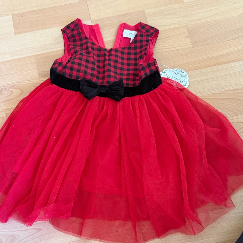 Red Plaid Tulle Dress with Bow